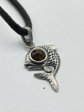 Black Cord Necklace with Silver Tone Fish Charm Large Faux Tiger Eye Eyeball